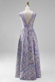 Purple Jacquard Floral A-Line V-Neck Long Wedding Guest Dress
