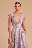 Purple Jacquard Floral A-Line V-Neck Long Wedding Guest Dress