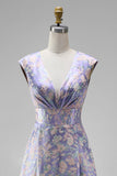 Purple Jacquard Floral A-Line V-Neck Long Wedding Guest Dress
