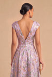 Purple Jacquard Floral A-Line V-Neck Long Wedding Guest Dress