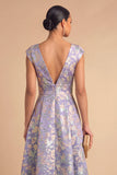Purple Jacquard Floral A-Line V-Neck Long Wedding Guest Dress