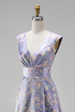 Purple Jacquard Floral A-Line V-Neck Long Wedding Guest Dress