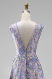 Purple Jacquard Floral A-Line V-Neck Long Wedding Guest Dress