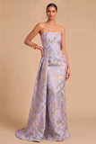 Purple Jacquard Strapless Floral Ruched Mermaid Long Wedding Guest Dress