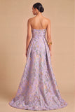 Purple Jacquard Strapless Floral Ruched Mermaid Long Wedding Guest Dress