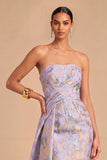 Purple Jacquard Strapless Floral Ruched Mermaid Long Wedding Guest Dress