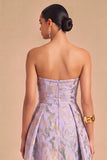 Purple Jacquard Strapless Floral Ruched Mermaid Long Wedding Guest Dress