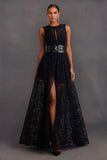 Black Lace Round Neck Keyhole A-Line Long Wedding Guest Dress with Belt