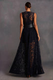 Black Lace Round Neck Keyhole A-Line Long Wedding Guest Dress with Belt
