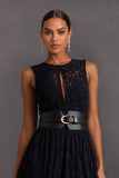 Black Lace Round Neck Keyhole A-Line Long Wedding Guest Dress with Belt