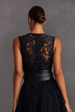 Black Lace Round Neck Keyhole A-Line Long Wedding Guest Dress with Belt
