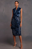 Sparkly Sequins Navy Floral V-Neck Bodycon Midi Wedding Guest Dress