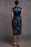 Sparkly Sequins Navy Floral V-Neck Bodycon Midi Wedding Guest Dress