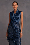 Sparkly Sequins Navy Floral V-Neck Bodycon Midi Wedding Guest Dress