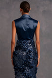 Sparkly Sequins Navy Floral V-Neck Bodycon Midi Wedding Guest Dress