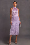 Purple High Neck Bodycon Ruched Midi Wedding Guest Dress with Feather