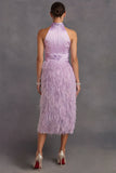 Purple High Neck Bodycon Ruched Midi Wedding Guest Dress with Feather