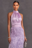Purple High Neck Bodycon Ruched Midi Wedding Guest Dress with Feather