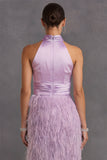 Purple High Neck Bodycon Ruched Midi Wedding Guest Dress with Feather
