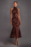 Brown Floral Bodycon High Neck Midi Wedding Guest Dress