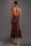 Brown Floral Bodycon High Neck Midi Wedding Guest Dress