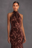 Brown Floral Bodycon High Neck Midi Wedding Guest Dress