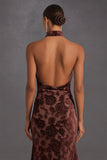Brown Floral Bodycon High Neck Midi Wedding Guest Dress