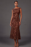 Floral Brown Bodycon Boat Neck Midi Wedding Guest Dress