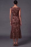 Floral Brown Bodycon Boat Neck Midi Wedding Guest Dress