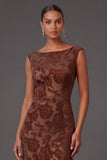 Floral Brown Bodycon Boat Neck Midi Wedding Guest Dress