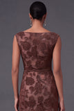 Floral Brown Bodycon Boat Neck Midi Wedding Guest Dress
