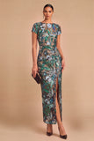 Sparkly Sequins Green Sheath Floral Long Wedding Guest Dress with Slit