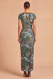 Sparkly Sequins Green Sheath Floral Long Wedding Guest Dress with Slit
