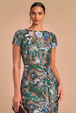Sparkly Sequins Green Sheath Floral Long Wedding Guest Dress with Slit