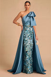 Green Floral Appliqued Sheath One Shoulder Long Wedding Guest Dress with Bow