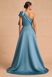 Green Floral Appliqued Sheath One Shoulder Long Wedding Guest Dress with Bow