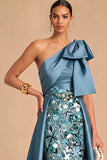 Green Floral Appliqued Sheath One Shoulder Long Wedding Guest Dress with Bow