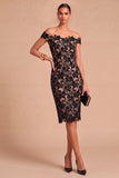 Black Floral Bodycon Lace Off the Shoulder Midi Wedding Guest Dress