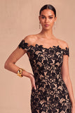 Black Floral Bodycon Lace Off the Shoulder Midi Wedding Guest Dress
