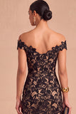 Black Floral Bodycon Lace Off the Shoulder Midi Wedding Guest Dress