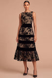 Black Floral A-Line Ruffled Midi Wedding Guest Dress
