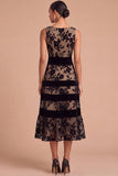 Black Floral A-Line Ruffled Midi Wedding Guest Dress