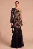 Black Floral One Shoulder Mermaid Lace Ruffled Long Wedding Guest Dress