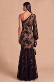 Black Floral One Shoulder Mermaid Lace Ruffled Long Wedding Guest Dress