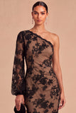 Black Floral One Shoulder Mermaid Lace Ruffled Long Wedding Guest Dress