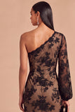 Black Floral One Shoulder Mermaid Lace Ruffled Long Wedding Guest Dress