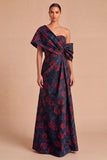Dark Red Floral A-Line Ruched One Shoulder Long Wedding Guest Dress