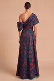 Dark Red Floral A-Line Ruched One Shoulder Long Wedding Guest Dress