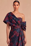 Dark Red Floral A-Line Ruched One Shoulder Long Wedding Guest Dress