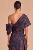 Dark Red Floral A-Line Ruched One Shoulder Long Wedding Guest Dress